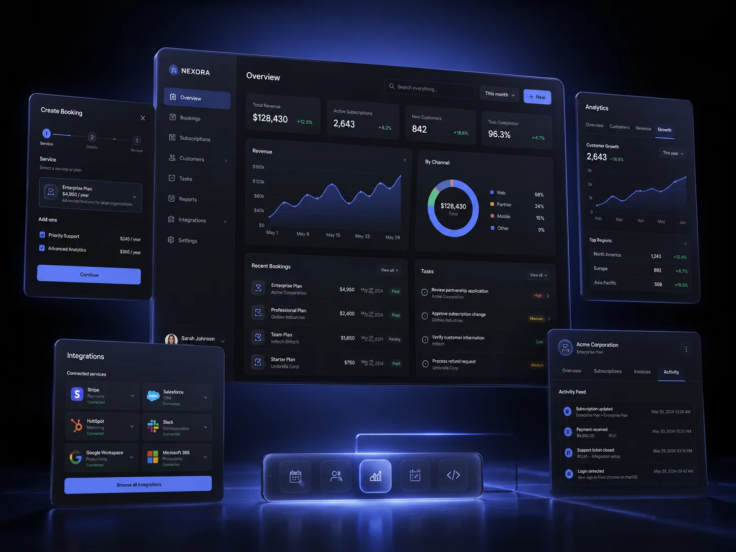 Admin dashboard shown with analytics, bookings, integrations, subscriptions, and customer activity screens