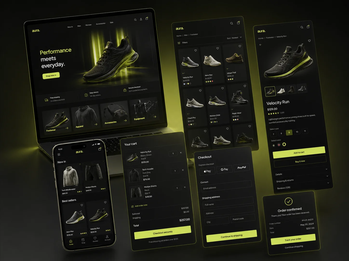 Ecommerce experience shown across laptop, mobile, product, cart, checkout, and order confirmation screens