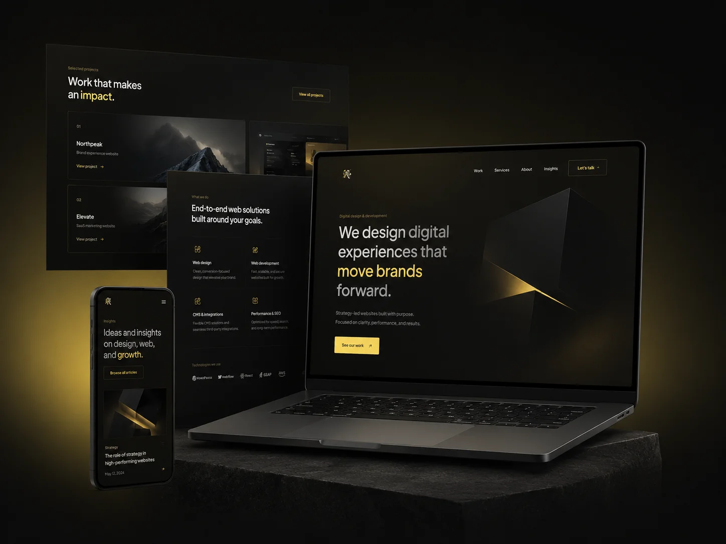 Web design and development shown across laptop, tablet, and mobile screens