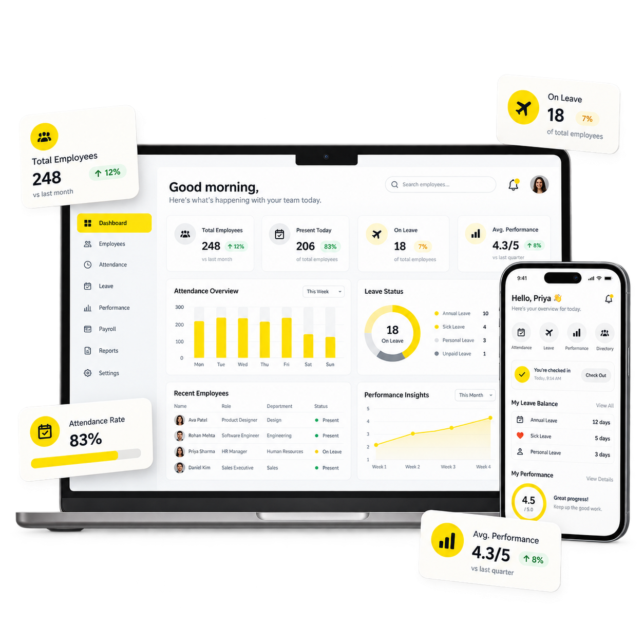 HR modules illustration showing employee records, time tracking, and performance insights