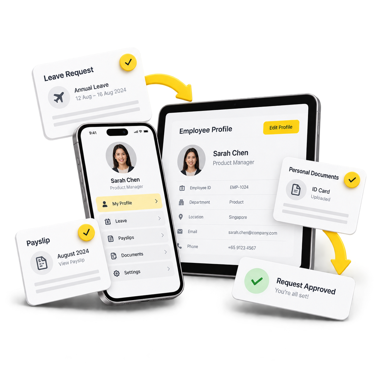 Employee self-service app for leave, payslips, documents, profiles, and approval status