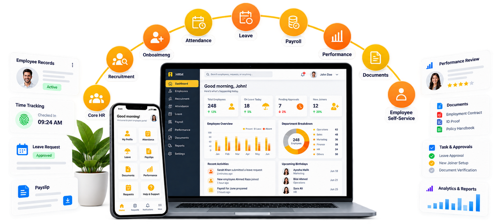 Solectronix HR software dashboard on laptop and mobile with attendance, leave, and payroll modules