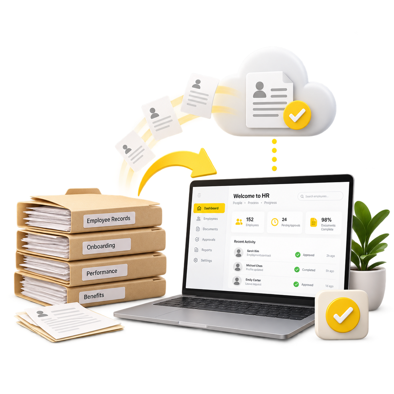 Paper HR folders contrasted with a digital cloud HR dashboard on a laptop