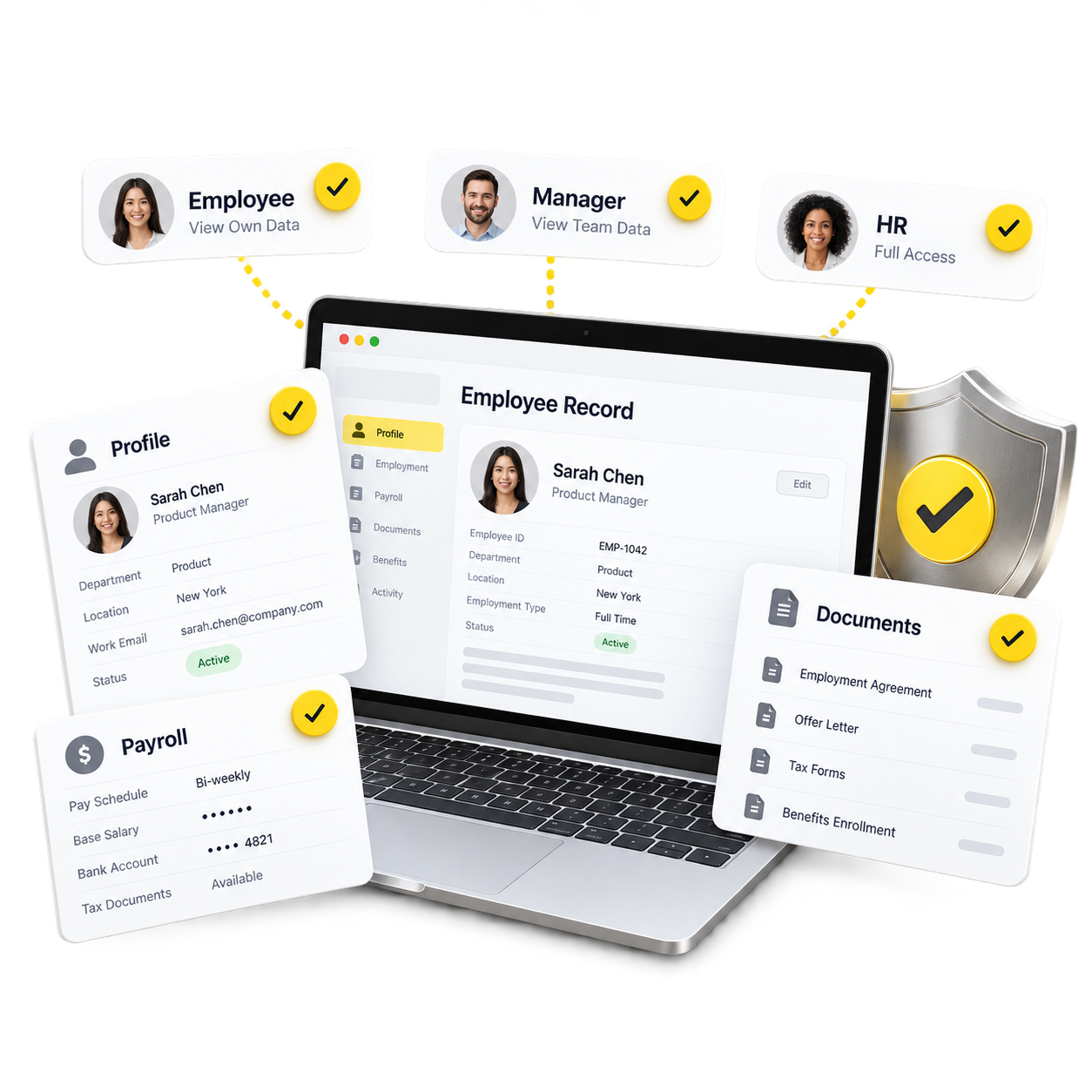 Role-based access protecting employee, payroll, and document data in the HR platform