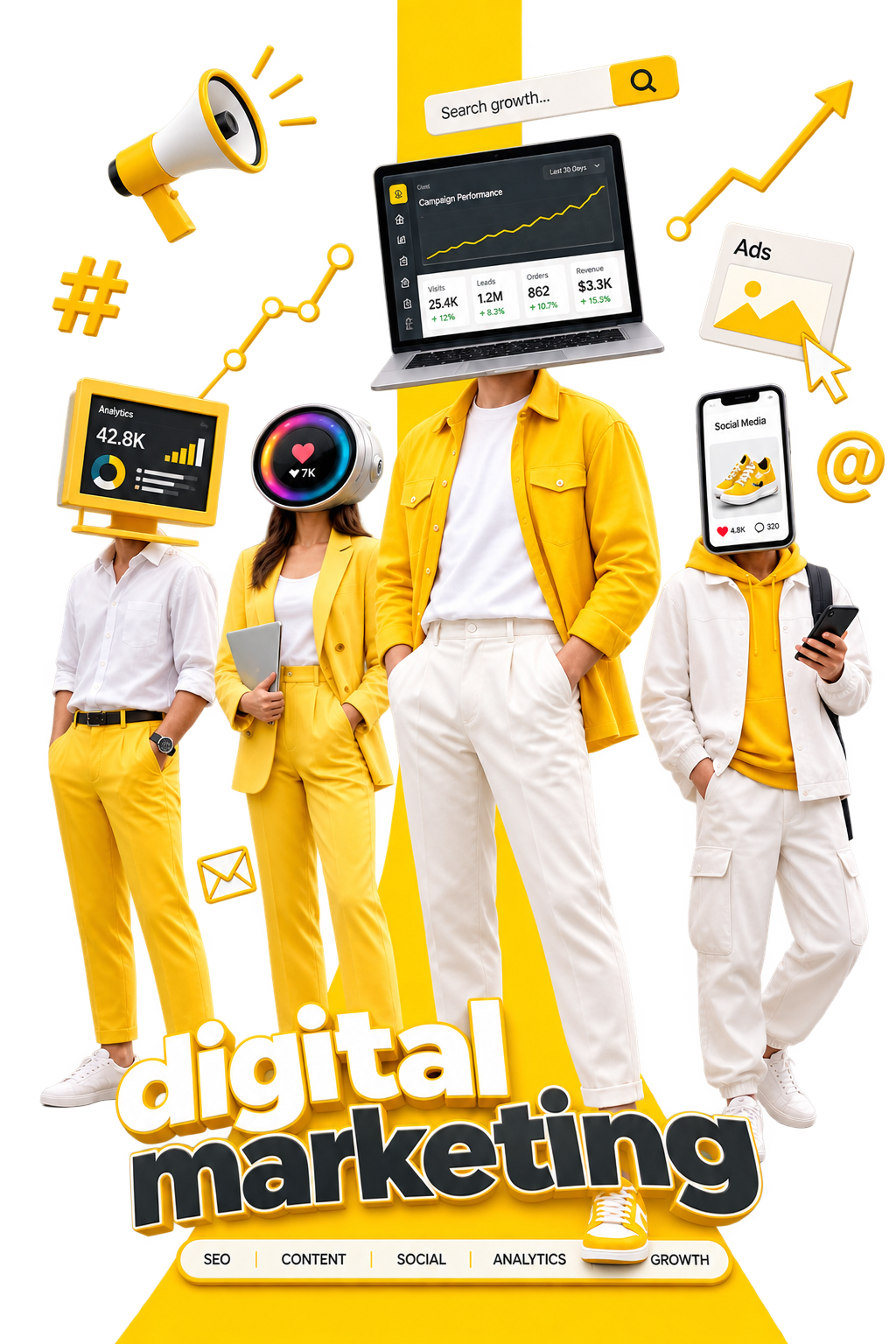 Digital marketing team surrounded by campaign, social media, analytics, and growth visuals