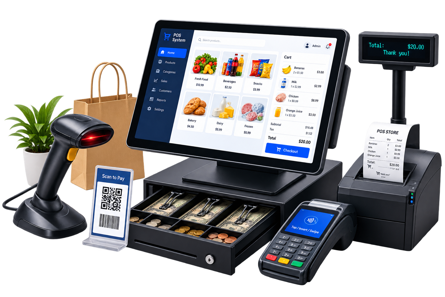 POS terminal and self-service kiosk displaying a checkout interface in a retail environment