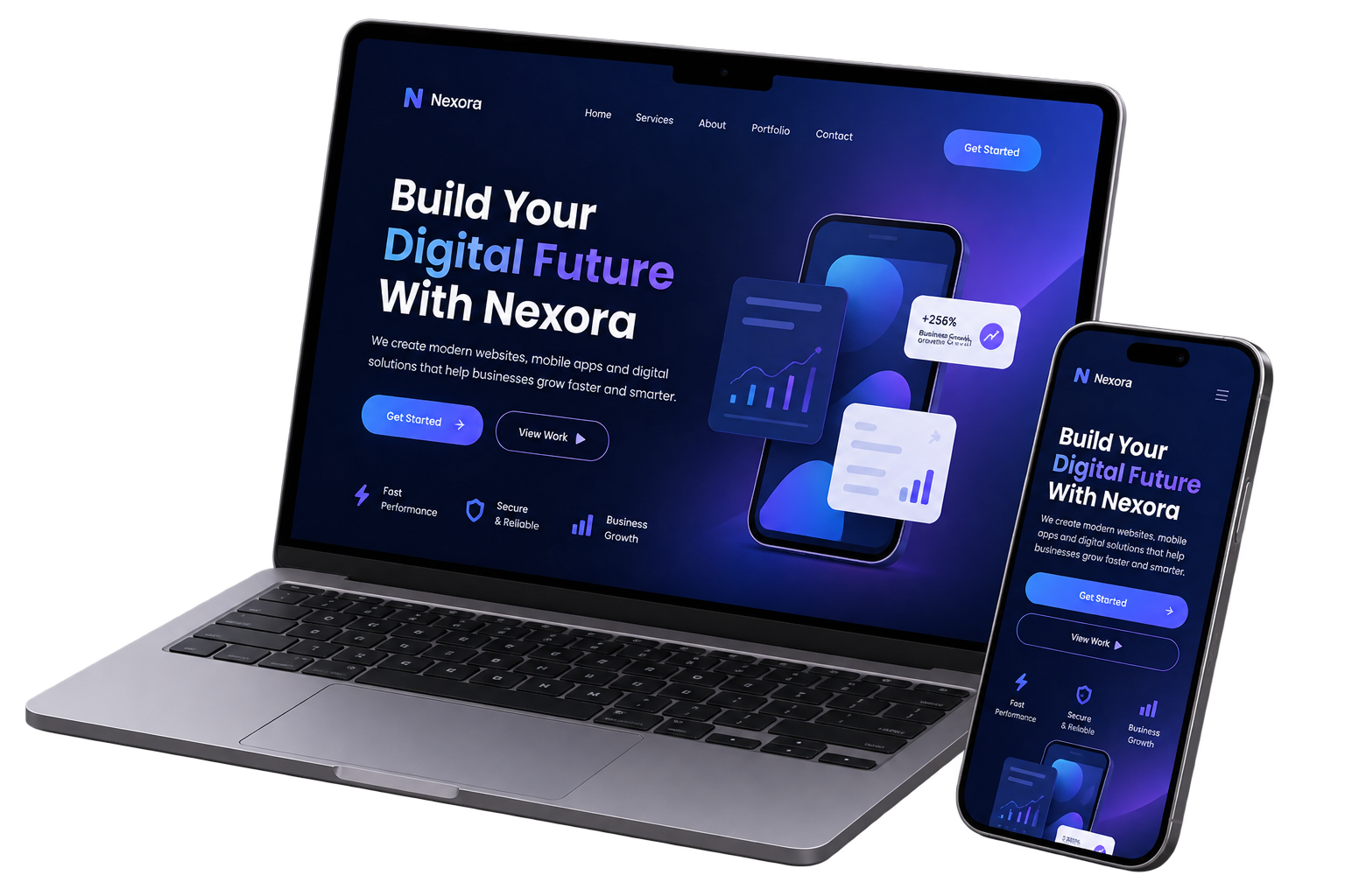 Responsive website design displayed across laptop and mobile screens